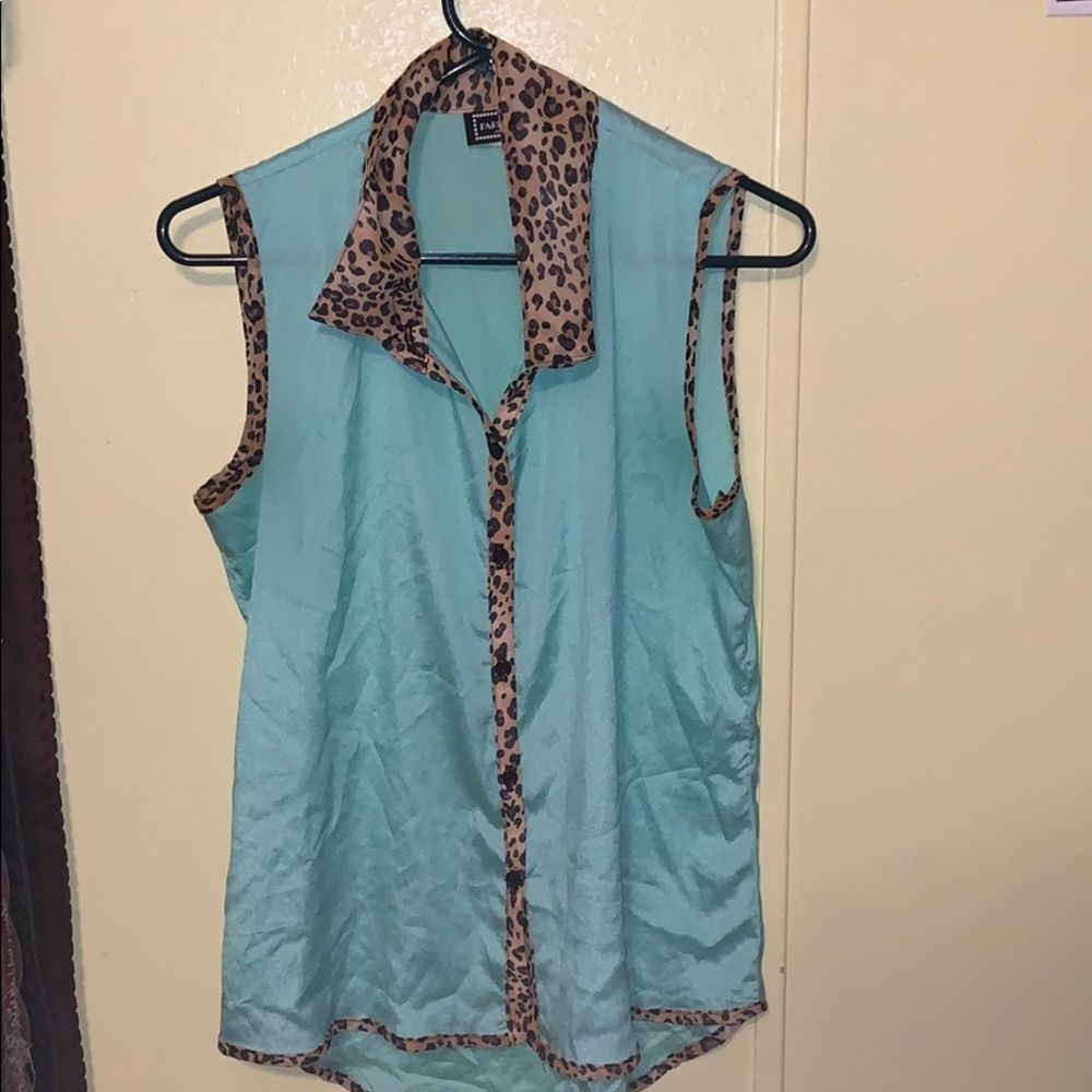 Park avenue sheer turquoise shirt with cheetah